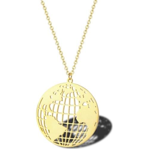 Stylish Stainless Steel World Map Pendant Necklace Round Hollow Link Chain Men Female Outdoor Travel Minimalist Choker Jewelry
