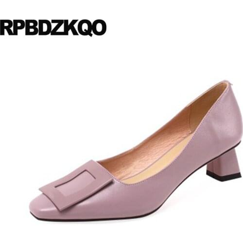 Vintage Square Toe Casual Shoes Women Block 2021 Beige Genuine Leather Size 33 Slip On Thin Lilac Pumps Ladies High Heels Medium
