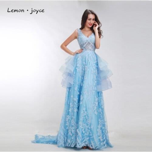 Light Blue Formal Celebrity Dresses 2020 V-neck Sexy Backless Illusion Tiered Floor Length Elegant Evening Gown Plus Size