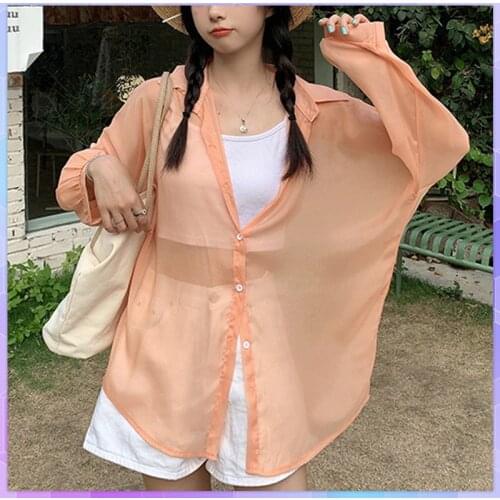 Sexy Womens Chiffon Tee Shirt Solid White Pearlescent Sunscreen T-shirts 2021 Summer Thin See-through Tunic Ladies Loose Top