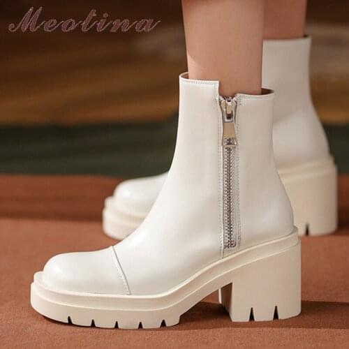 Meotina Women Genuine Leather Ankle Boots Square Toe Zipper Shoes Thick High Heel Ankle Boots 2021 Autumn Winter Fashion 34-40