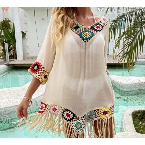 Wholesale Free Shipping 2021 Summer New Boho Style Dresses Womens Beach swimsuit Fashion Sunscreen Knitted hook flower Dress