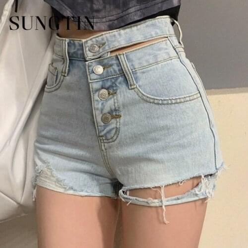 Sungtin Sexy Women Ripped Jean Shorts Bodycon High Waist Denim Shorts Female Vintage Korean Design Short Pants Streetwear Summer