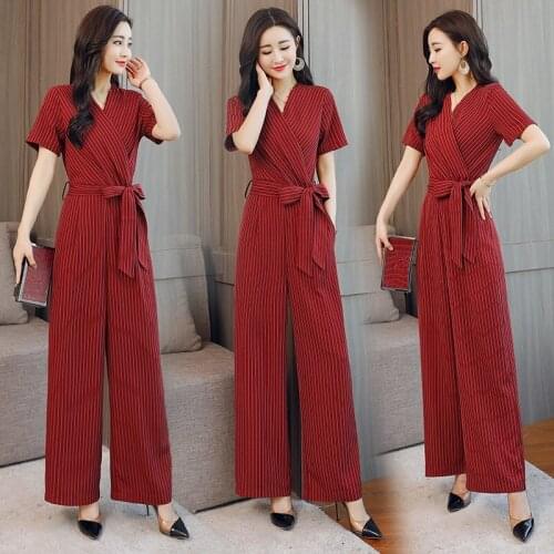 Summer Striped Jumpsuit 2019 Short Sleeve Wide Leg Pants Lape Ladies Office Business Elegant Jumpsuits For Women 2019 DD2151