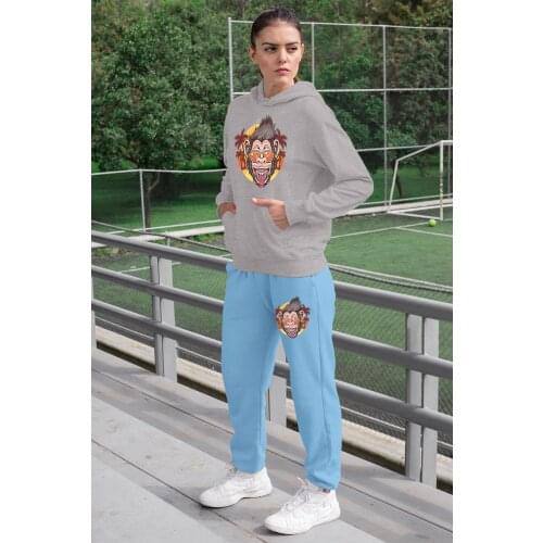 Angemiel Wear Fun Holiday-Makers Chimpanzee Women Tracksuit Set Gray Hooded Sweatshirt Blue Sweatpants