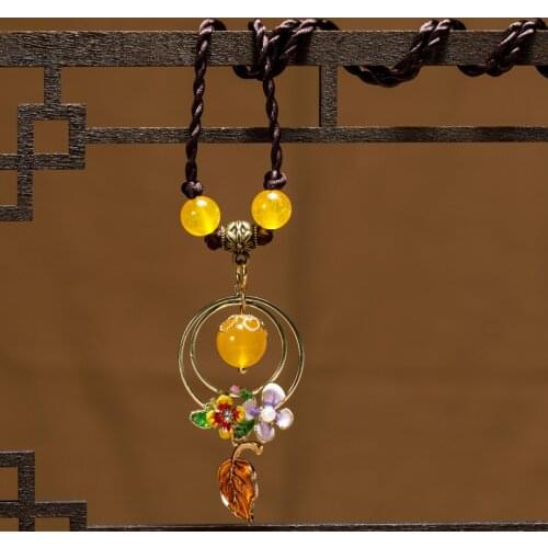 Loisonne flowers chalcedony beads Necklace Original National Jewelry Wholesale Long Sweater Chain Shrinkable Necklace No.3222