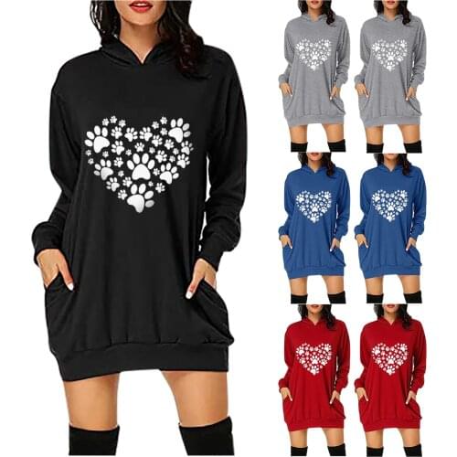 S-3XL Ladies Casual Love Heart Dog Footprints Printed Hooded Buttocks Pocket Fashion Comfortable Party Holiday Dress femme robe