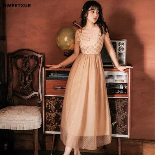 SWEETXUE Vintage Embroidered Mesh Patchwork Polka Dot Long Elegant Womens Dress High Waist Fashion Dresses Ladies