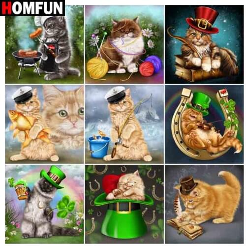HOMFUN Diamond Painting Full Square/Round Diamond "Cat hat cute pet" Pattern Embroidery Cross Stitch 5D Rhinestone Painting