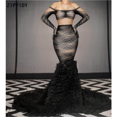 Black Gloves Stones Dress Prom Birthday Celebrate Bar Outfit Women Singer Dance Party Club Show Long Tail Dresses