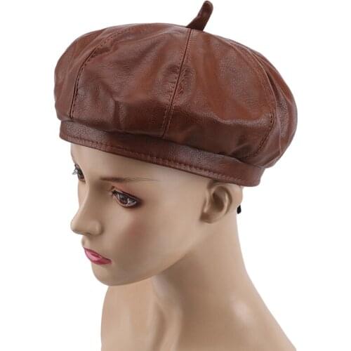 Women Hot Fashion Solid Color Beret Cap Pu Leather Beret French Artist Warm Hat Ladies Casual Protective Cap