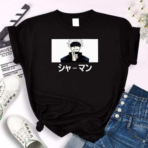 Anime Jujutsu Kaisen Gojo Satoru Printing T-Shirt Womens Big Size Cozy Loose Tops Female Japan Harajukua Style O-Neck Slim Tees