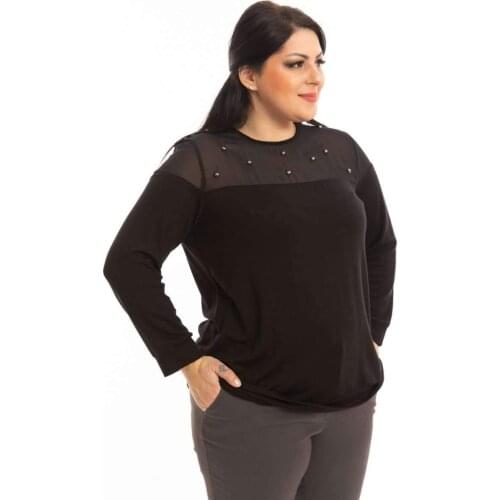 Hanezza Plus Size Chiffon Robalı Knitwear Bluz