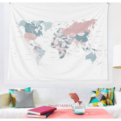 Map of the World in Pink and Blue tapestry Cover Beach Towel Picnic Yoga Mat Home Decoration Wall Hanging