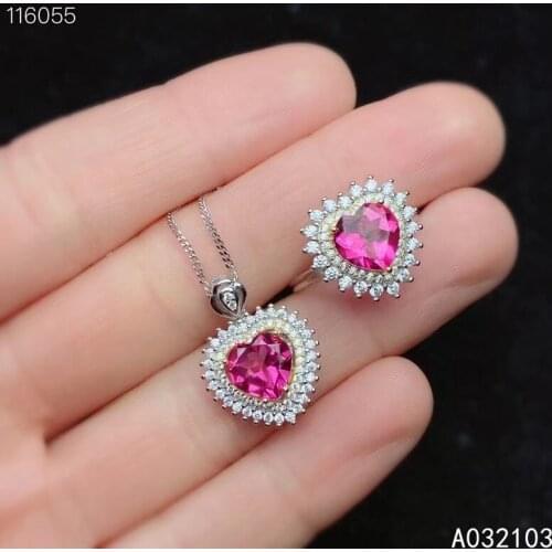 KJJEAXCMY fine jewelry 925 sterling silver inlaid natural pink topaz Womens elegant and fresh heart-shaped gem ring pendant set
