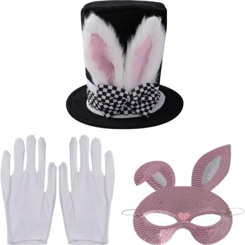Adult Rabbit Costume Set Rabbit Ears Top Hat Sequins Bunny Face Mask Gloves Halloween Party Props Bunny Girls Cosplay Accessorie
