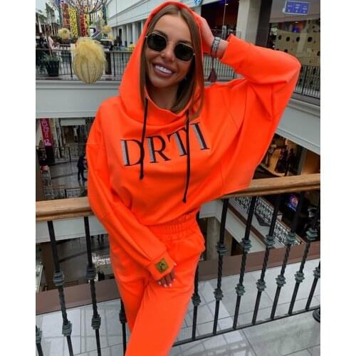 OMSJ Autumn Neon Green Two Piece Set Women Lace Up Outfits Solid Orange Casual Suit Female Clothing Crop Top and Pants Tracksuit