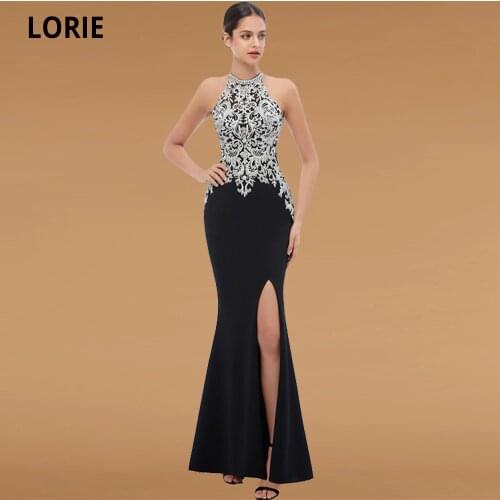 LORIE Lace Beading Evening Dresses Mermiad Long Soft Satin Formal Prom Party Gown High Neck Special Occasion Gowns with Split
