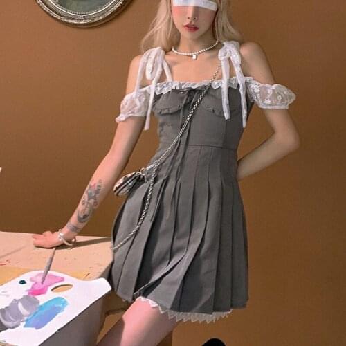 Summer Japanese Y2k Strap Dress Women Cute Lace High Street Kawaii Mini Dress Soft Girl Harajuku Dark Punk Gothic Party Dresses