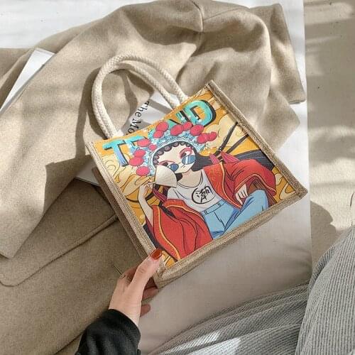 Mini Bag Women Chinese Style Cartoon Print Linen&Canvas Small Tote Bag For Women Square Shopper Bag Casual Food Bag Girls Bolsa
