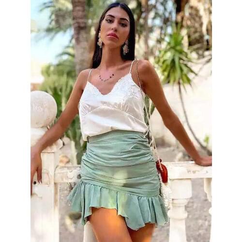 ZXQJ Boho Women Sweet Ruffles Mini Skirts 2020 Summer Vintage Ladies Soft Linen Skirt Female Fladas Girls Chic Green Jupe Femme