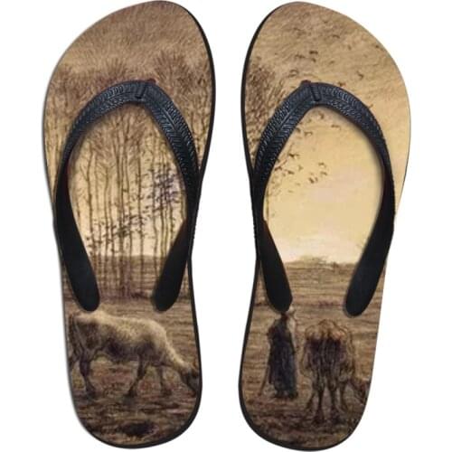 Fashion Summer Beach Flip Flops Men Slippers Countryside Painting Art Printing boy Flats Shoes Jean Francois Master piece
