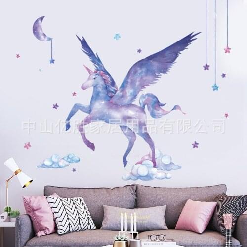 Wall Starry Unicorn White Cloud Wall Stickers for Warm Bedroom Girls Heart Room Layout TV Backview 3D Art Mural
