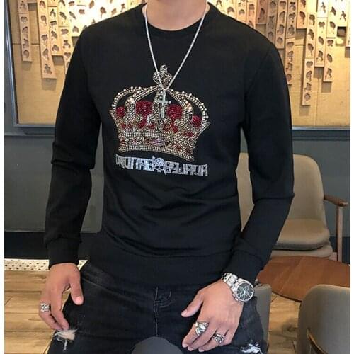 Fall and Winter 2019 New European Roman Cotton Mens Crown Diamond Round Neck Body-building Tide Fashion hoodies