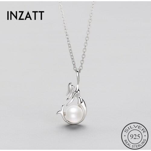 INZATT Elegant 925 Sterling Silver Freshwater Pearl Mermaid Pendant Necklace for Charm Women Engagement Fashion Jewelry Gift