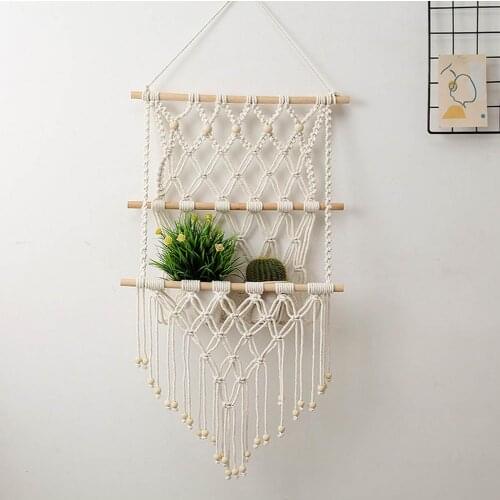 Handmade Woven Tapestry Rack Shelf Home Decoration Bohemian Handmade Wall Hanging Shelf Magazine Net Bag Tapestry Handicraft