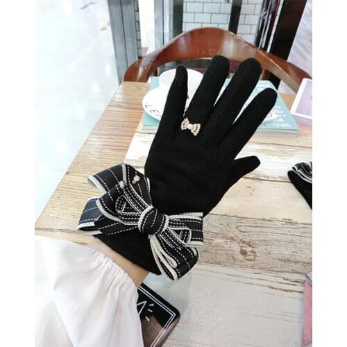 Striped Bowknot Cashmere Gloves Korean Ladies Winter Fashion Cute Touch Screen Five-Finger Cashmere Warmth Finger Gloves