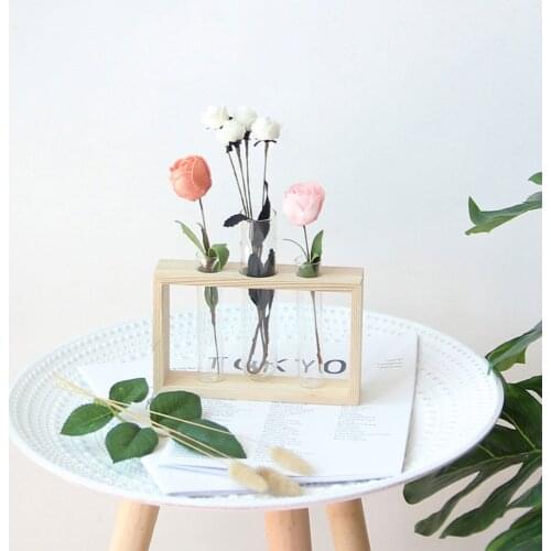 Simple Nordic Glass Flower Vase Tube Bottle Hydroponic Terrarium Container Holder Desktop Decoration with Wood Iron Stand
