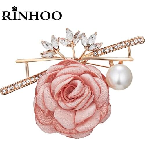 Rinhoo Korean Vintage Cloth Art Fabric Flower Brooch for Women Girl Fashion Crystal Cardigan Shirt Shawl Suit Badge Lapel Pins
