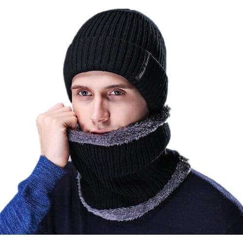 New Winter Sets 2Male Wool Ear protection Outdoor Knitted Bonnet Caps Beanies Hat Bib Men Women Thick Warm Skullies Hats Unisex
