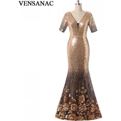 VENSANAC 2018 Vintage V Neck Lace Sequin Mermaid Long Evening Dresses Half Sleeve Party Flowers Embroidery Prom Gowns