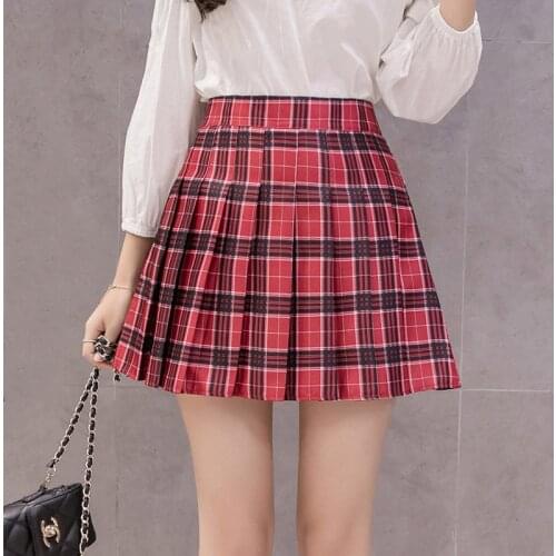 Fashion Korean Summer High Waist Skirt Women School Girl Pleated Skirts With Pants Sexy Red Zipper Mini Plaid Skirt Faldas