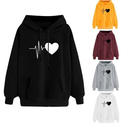 Plus Size Womens Casual Hoodie Heart Print Long Sleeve Hooded Sweatshirt Loose Pullover Ladies Autumn Hoodie Blouse Top