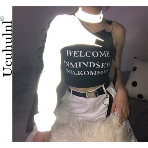 Reflective Cropped Jacket Women Buckle Ribbon One Shoulder Long Sleeve Jackets Coats Streetwear Fall 2021 Women Shirts