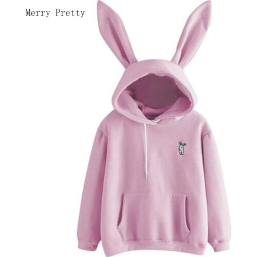 Women Cartoon Print Casual Hooded Sweatshirt With Ears On Hood 2021 Summer Long Sleeve Drawstring Female Harajuku Pockets Top