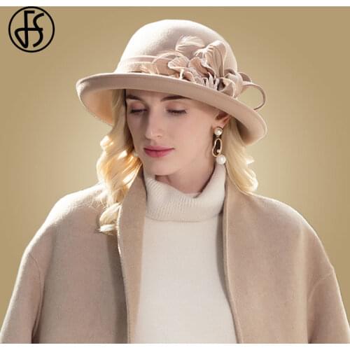 FS Vintage Flowers Women Cloche Hat Autumn Winter Ladies Wool Chapeau Fedora Hats Wide Brim Floppy Womens Black Khaki Felt Caps