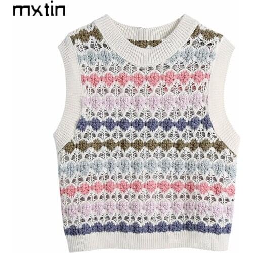 Women 2021 Fashion Hollow Out Knitted Pullover Vest Sweater O Neck Sleeveless Korean Style Pull Female Jumper Chaleco Mujer