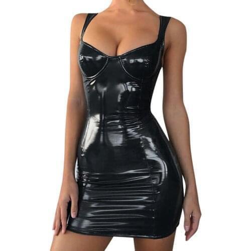 2020 Summer Sleeveless Strap Sexy Club Dress Women PU Leather Bodycon Mini Dress Fashion Gothic Slim Dresses Vestidos Robe Femme