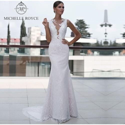 Michelle Royce 2 In 1 Wedding Dresses 2020 Sexy Deep V-neck Cut-out Sleeveless Button Detachable Train Gowns Vestido De Novia