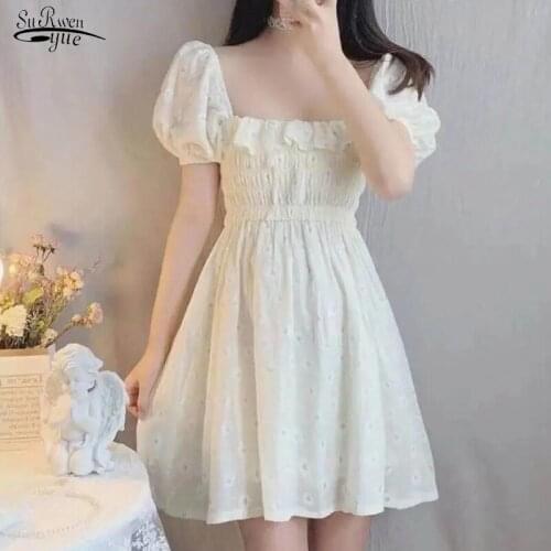 Sweet Short Sleeve Knee Lenght Party Dress 2021 Summer Floral Dress Women Fashion Square Collar Ladies Dresses Robe Femme 14957