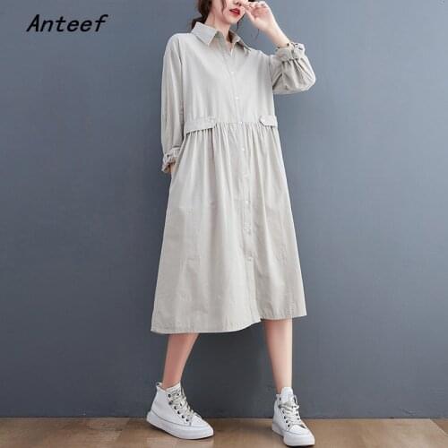 Anteef long sleeve plus size cotton vintage dresses for women casual loose spring autumn shirt dress elegant clothing 2021
