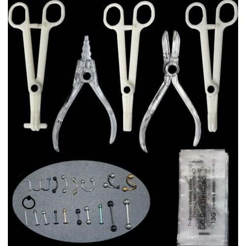 1pcs Disposable Body Piercing Kit Tools Pliers Forceps Needles Accessories Set with Eyebrow Labret Lip Nipple Nose Studs Rings