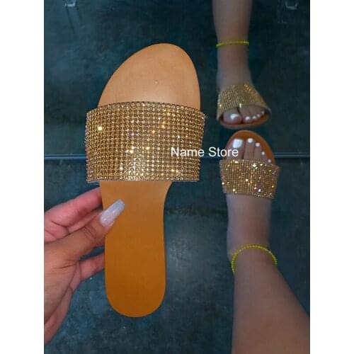 2021 Summer New Womens Slippers Fashion Rhinestone Flat Sandals Solid Color Outdoor Beach Womens Shoes Plus Size 43