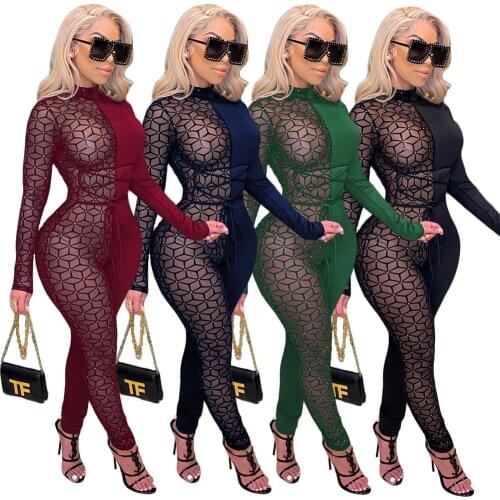 2021 Sheer Mesh Patchwork Women Sexy Lace Up Jumpsuit Turtleneck Long Sleeve One Piece Overall Night Club Party Romper