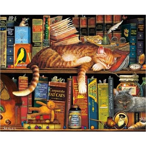 Diamond Embroidery 5D DIY Diamond Painting bookcase,cats,Diamond Painting Cross Stitch Rhinestone Mosaic