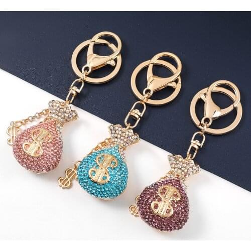Crystal Money Bag Keychain For Women Blue Rhinestone Keyrings Girl Party Брелок Best Gift For Friend Jewelry